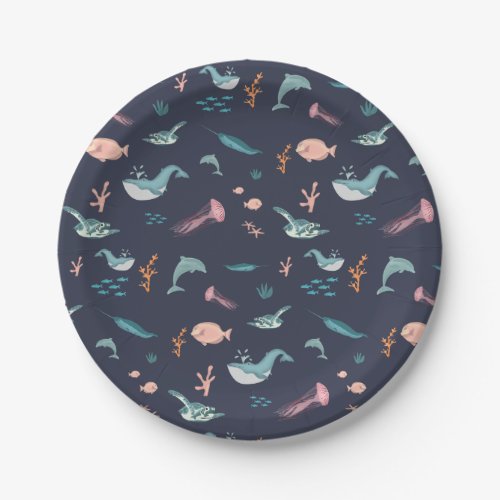 Watercolor Ocean Sea Animals Blue Pattern Paper Plates