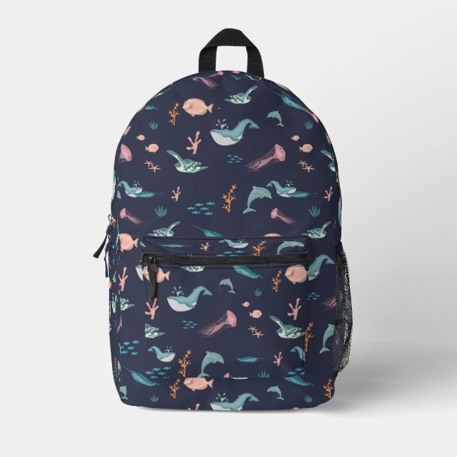 Watercolor Ocean Sea Animals Blue Pattern Printed Backpack (Front)