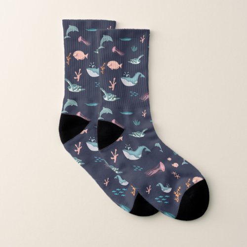 Watercolor Ocean Sea Animals Blue Pattern Socks