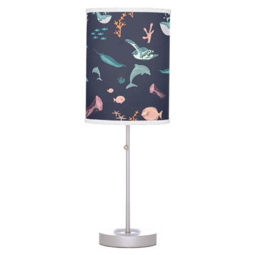 Watercolor Ocean Sea Animals Blue Pattern Table Lamp