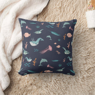 Watercolor Ocean Sea Animals Blue Pattern Throw Pillow