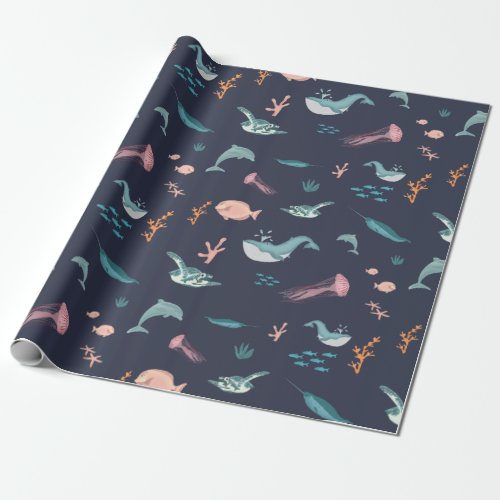 Watercolor Ocean Sea Animals Blue Pattern Wrapping Paper
