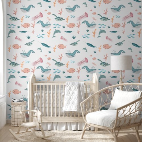 Watercolor Ocean Sea Animals Blush Pattern Nursery Wallpaper