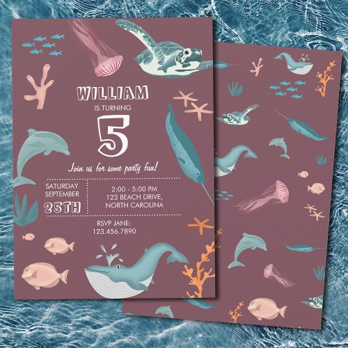 Watercolor Ocean Sea Animals Blush Pink Birthday Invitation