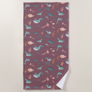 Watercolor Ocean Sea Animals Blush Pink Pattern Beach Towel