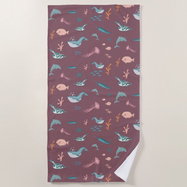 Watercolor Ocean Sea Animals Blush Pink Pattern Beach Towel (Front)