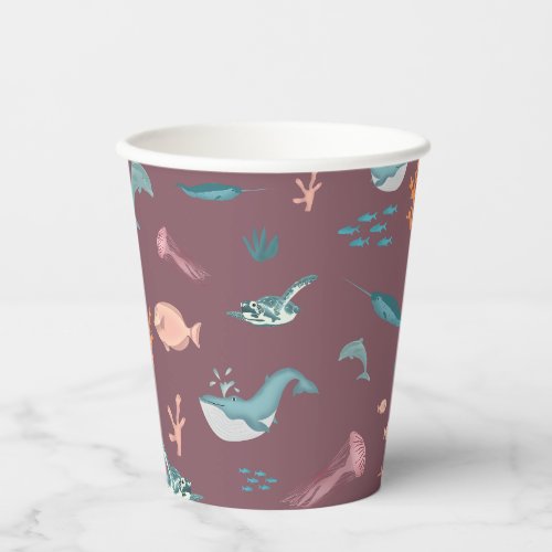 Watercolor Ocean Sea Animals Blush Pink Pattern Paper Cups