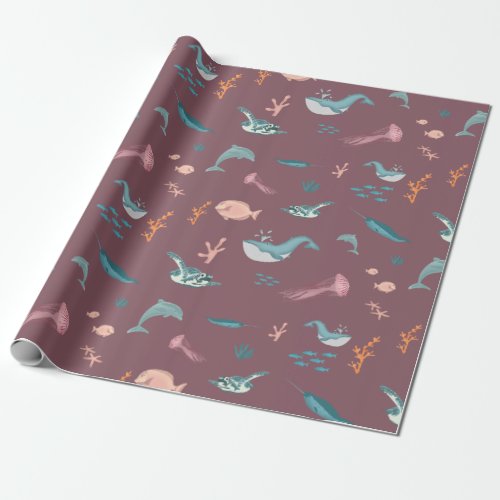 Watercolor Ocean Sea Animals Blush Pink Pattern Wrapping Paper