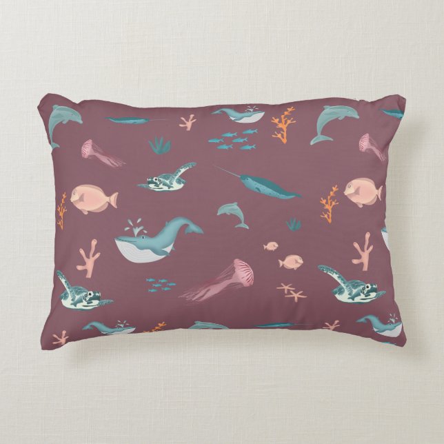 Watercolor Ocean Sea Animals Dusty Pink Pattern Accent Pillow (Front)