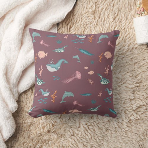 Watercolor Ocean Sea Animals Dusty Pink Pattern Throw Pillow