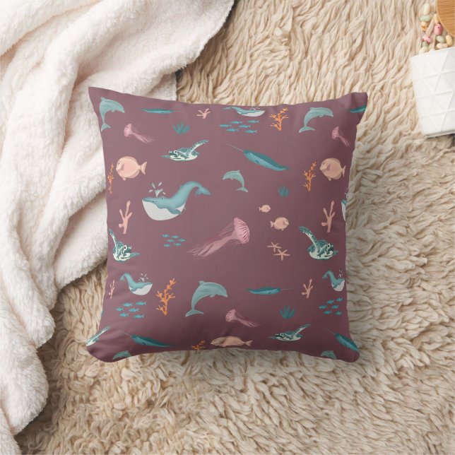 Watercolor Ocean Sea Animals Dusty Pink Pattern Throw Pillow (Blanket)