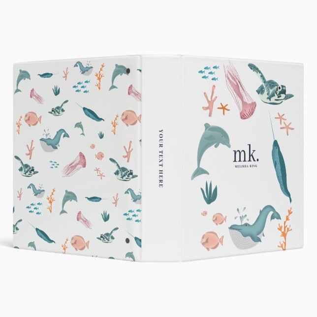 Watercolor Ocean Sea Animals Monogram 3 Ring Binder (Background)