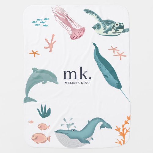 Watercolor Ocean Sea Animals Monogram Baby Blanket