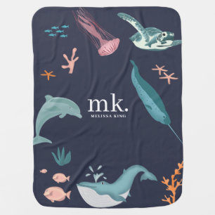 Watercolor Ocean Sea Animals Monogram Blue Baby Blanket