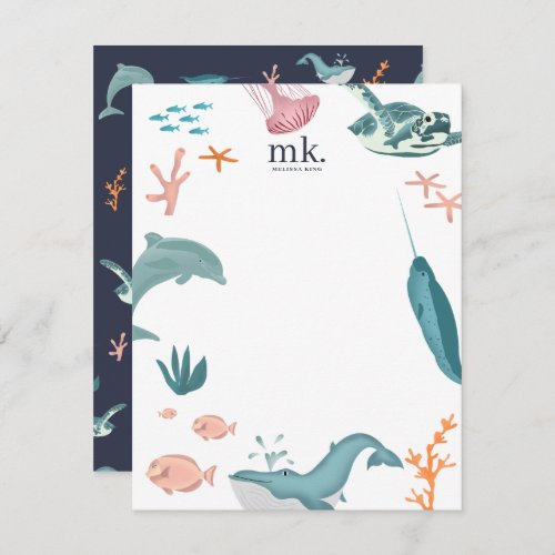 Watercolor Ocean Sea Animals Monogram Blue Note Card