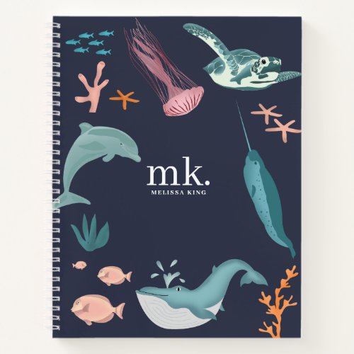 Watercolor Ocean Sea Animals Monogram Blue Notebook