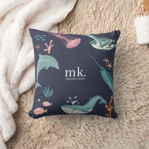 Watercolor Ocean Sea Animals Monogram Blue Throw Pillow