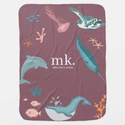 Watercolor Ocean Sea Animals Monogram Blush Pink Baby Blanket