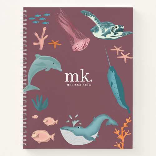 Watercolor Ocean Sea Animals Monogram Blush Pink Notebook