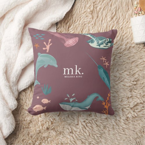 Watercolor Ocean Sea Animals Monogram Dusty Pink Throw Pillow