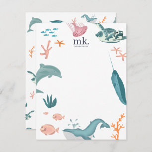 Watercolor Ocean Sea Animals Monogram Note Card