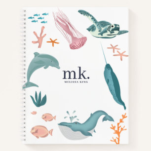 Watercolor Ocean Sea Animals Monogram  Notebook