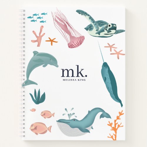 Watercolor Ocean Sea Animals Monogram  Notebook