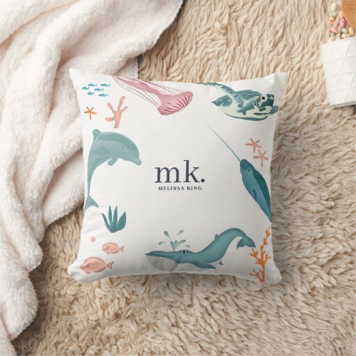 Watercolor Ocean Sea Animals Monogram  Throw Pillow