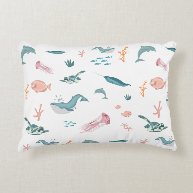 Watercolor Ocean Sea Animals Pattern Accent Pillow (Front)
