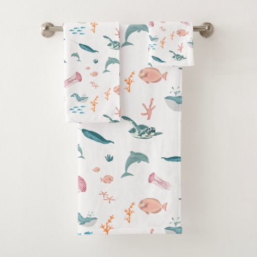 Watercolor Ocean Sea Animals Pattern Bath Towel Set