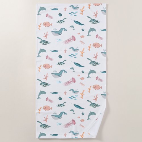 Watercolor Ocean Sea Animals Pattern Beach Towel