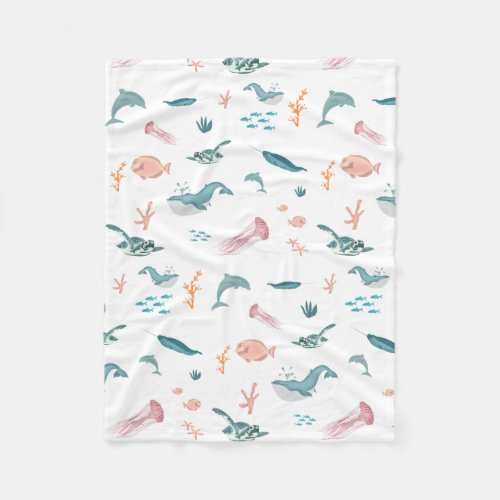 Watercolor Ocean Sea Animals Pattern Fleece Blanket