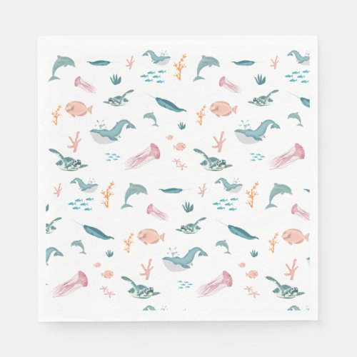 Watercolor Ocean Sea Animals Pattern Napkins