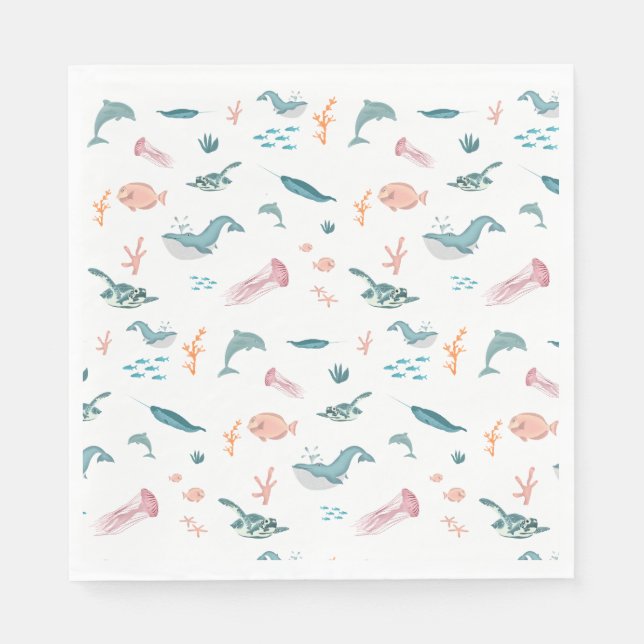 Watercolor Ocean Sea Animals Pattern Napkins (Front)