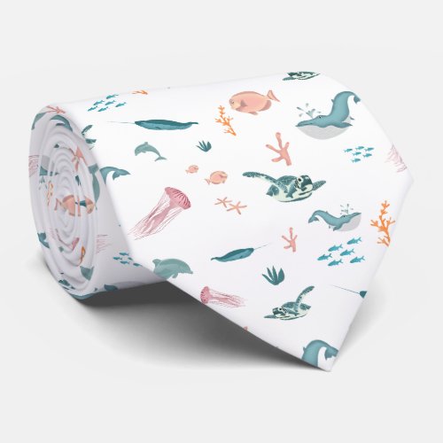 Watercolor Ocean Sea Animals Pattern Neck Tie