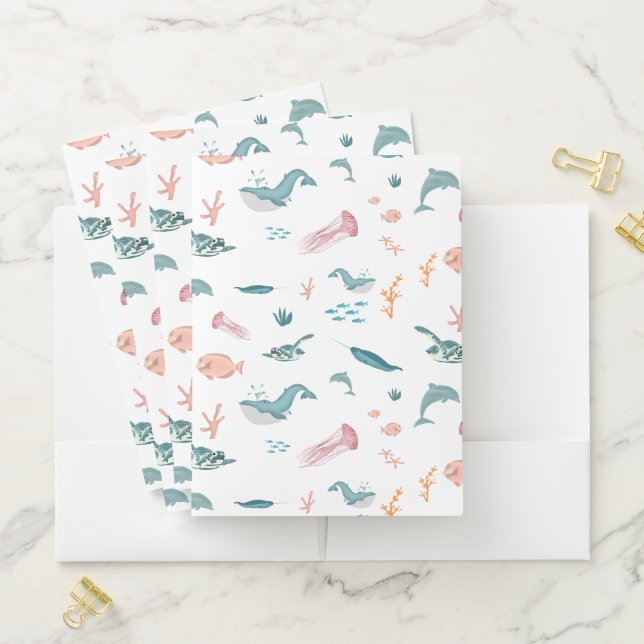 Watercolor Ocean Sea Animals Pattern Pocket Folder (In Situ)