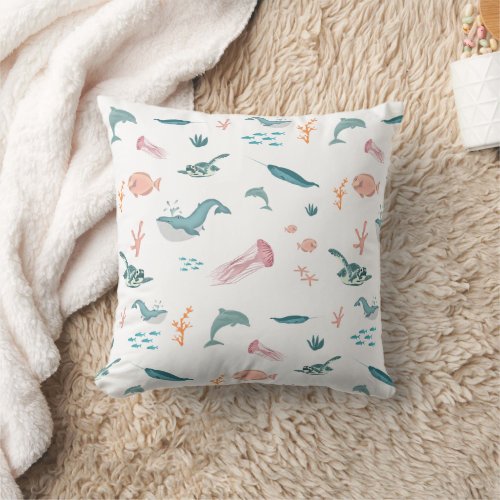 Watercolor Ocean Sea Animals Pattern Throw Pillow