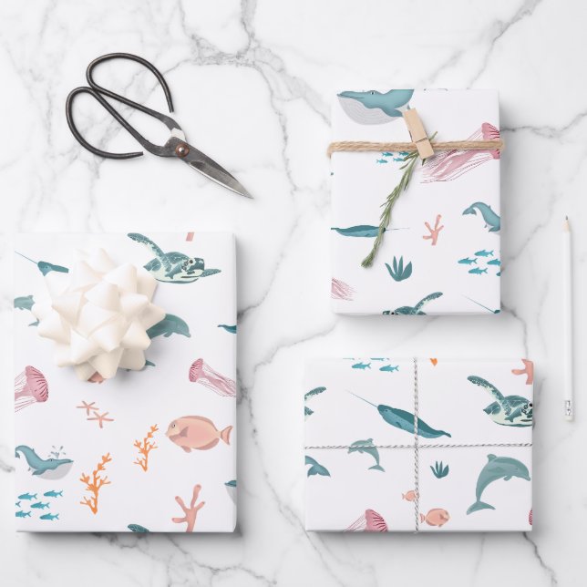 Watercolor Ocean Sea Animals Pattern Wrapping Paper Sheets (Front)