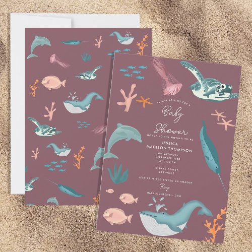 Watercolor Ocean Sea Animals Pink Baby Shower Invitation