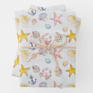 Watercolor Ocean Sea Life & Seashells Pattern Wrapping Paper Sheets