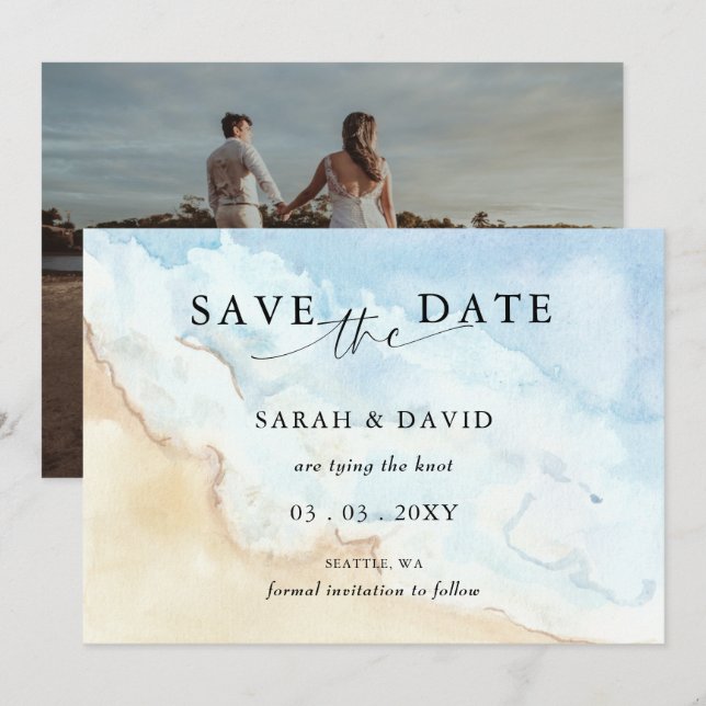Watercolor Ocean Sea Summer Beach Photo  Save The Date (Front/Back)