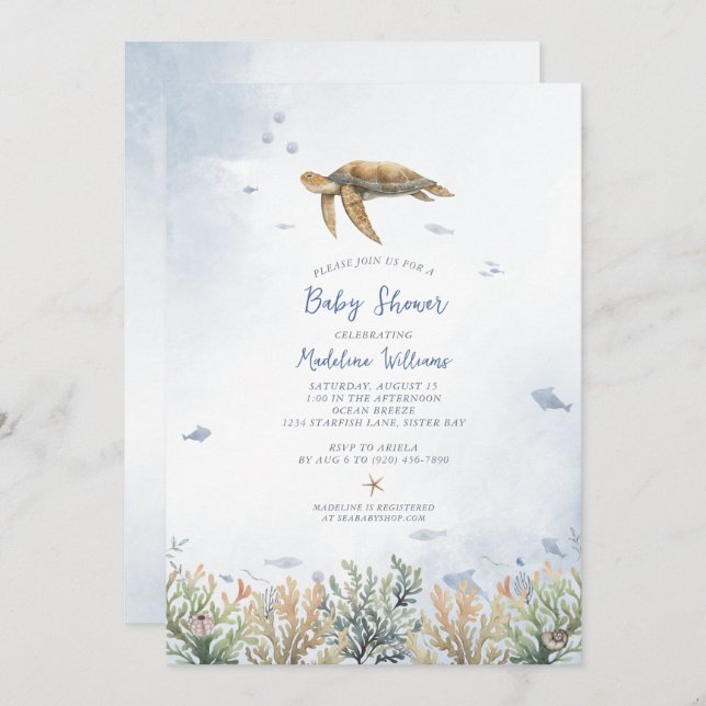  Watercolor Ocean Sea Turtle Baby Shower Invitation (Front/Back)