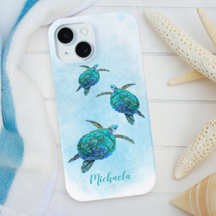 Watercolor Ocean Sea Turtles Custom Name iPhone 15 Case