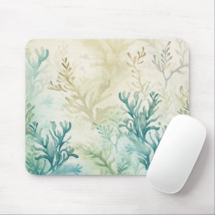 Watercolor Ocean Seaweed Plants Teal Beige Aqua Mouse Pad