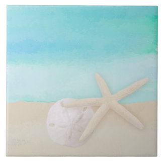 Watercolor Ocean Starfish and Sand Dollar Ceramic Tile