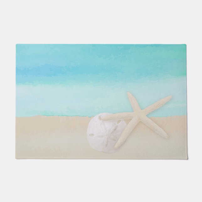 Watercolor Ocean Starfish and Sand Dollar Doormat (Front)
