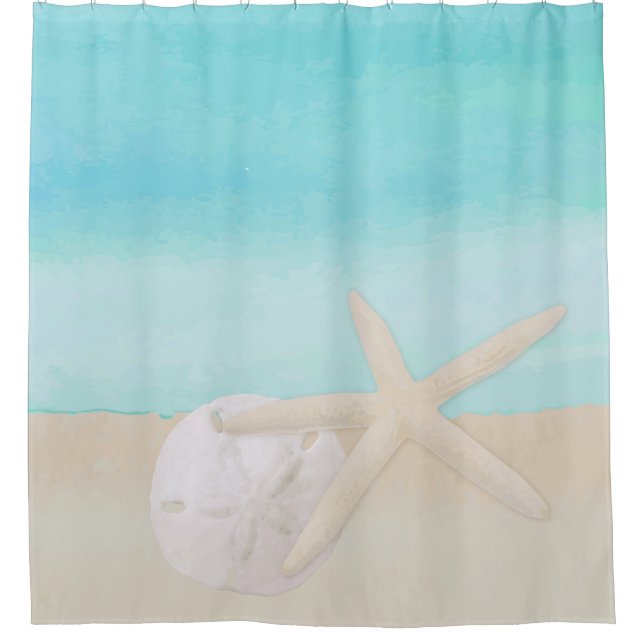 Watercolor Ocean Starfish and Sand Dollar Shower Curtain (Front)