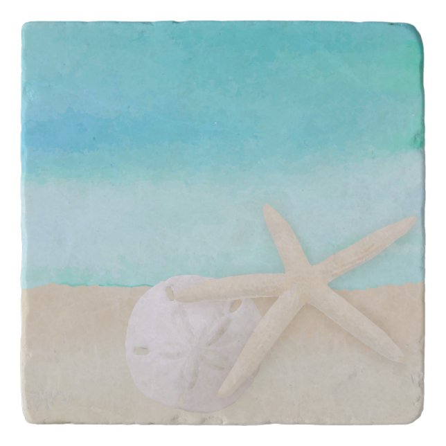 Watercolor Ocean Starfish and Sand Dollar Trivet (Front)