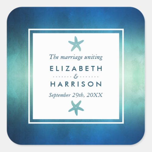 Watercolor Ocean Starfish Beach Wedding Favor Square Sticker