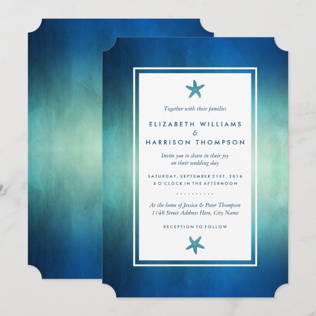 Watercolor Ocean Starfish Beach Wedding Invitation (Front/Back)